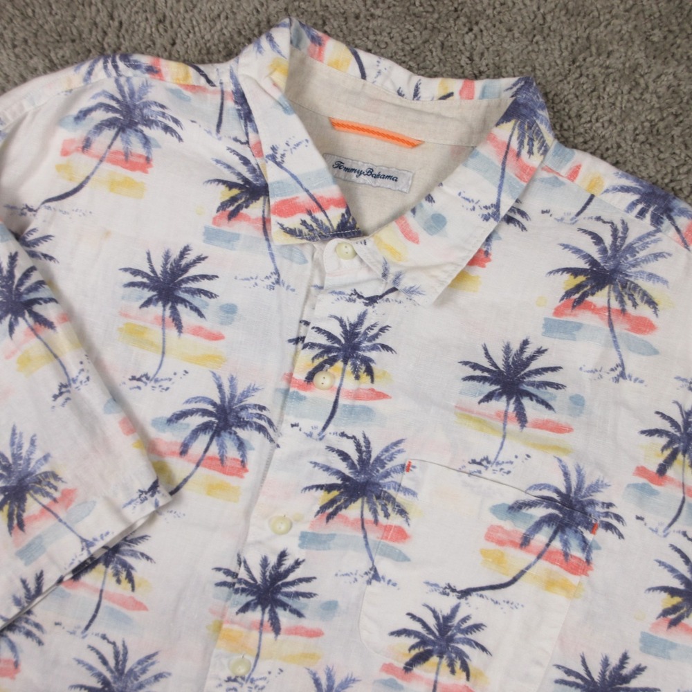 Tommy Bahama Shirt Mens 2XLB White Printed Geometric Linen Hawaiian Button Up